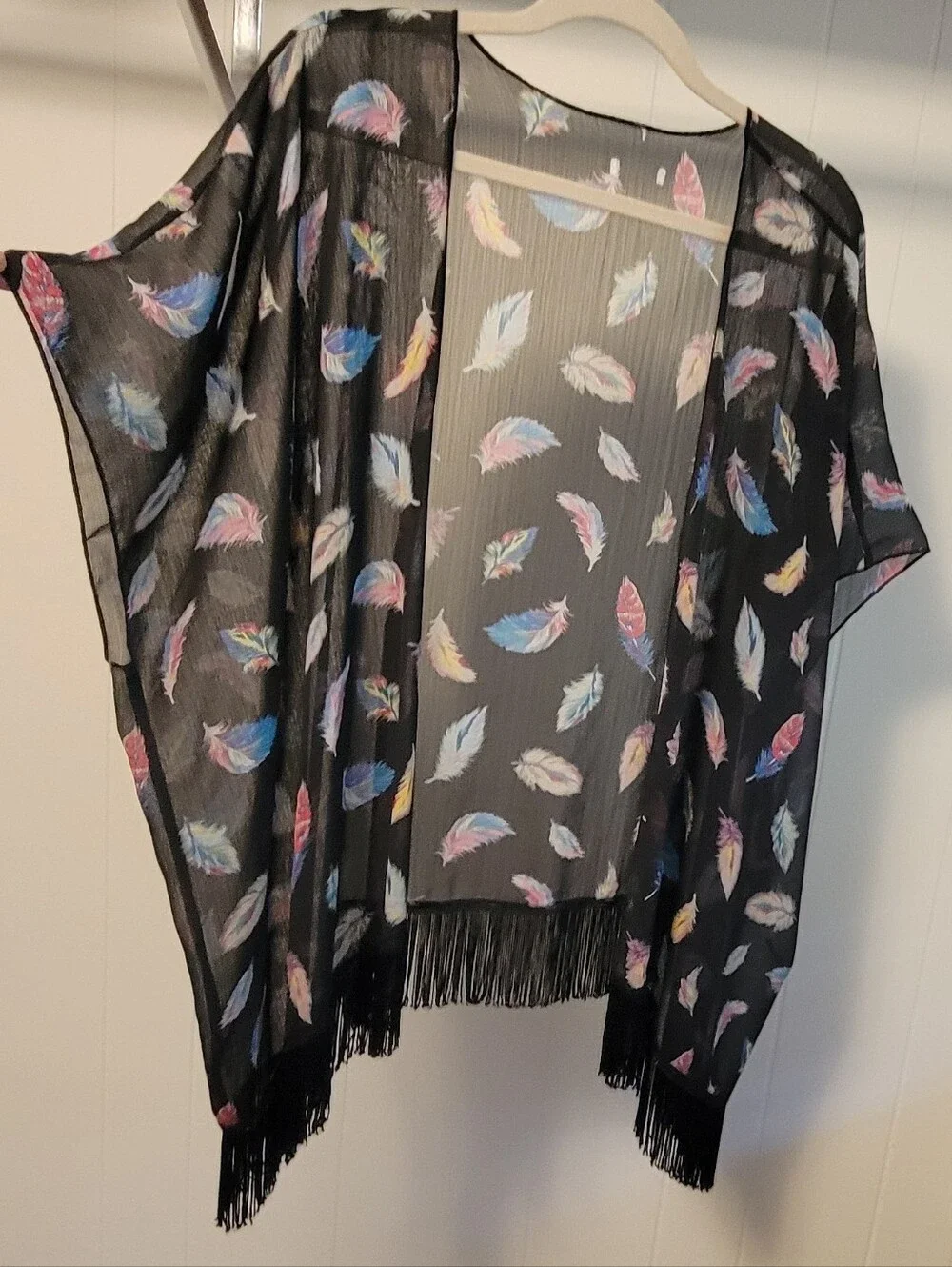 Vintage Black Semi Sheer Feather Pattern Kimono Shawl Fringe Duster Wrap . M